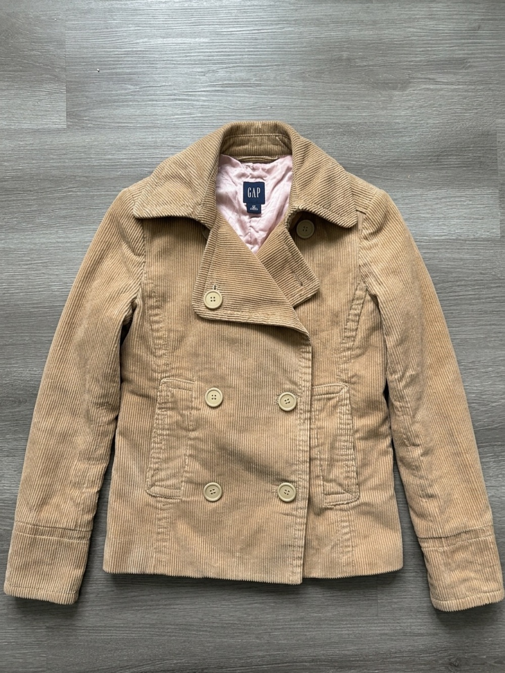 GAP Womens XS Corduroy Pea Coat Camel Cognac Double Breasted Pink Satin Line Y2K